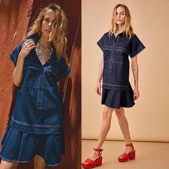 NEW Hunter Bell Addison Drop Waist Collared Flounce Denim Blue Mini Dress - Picture 1 of 7